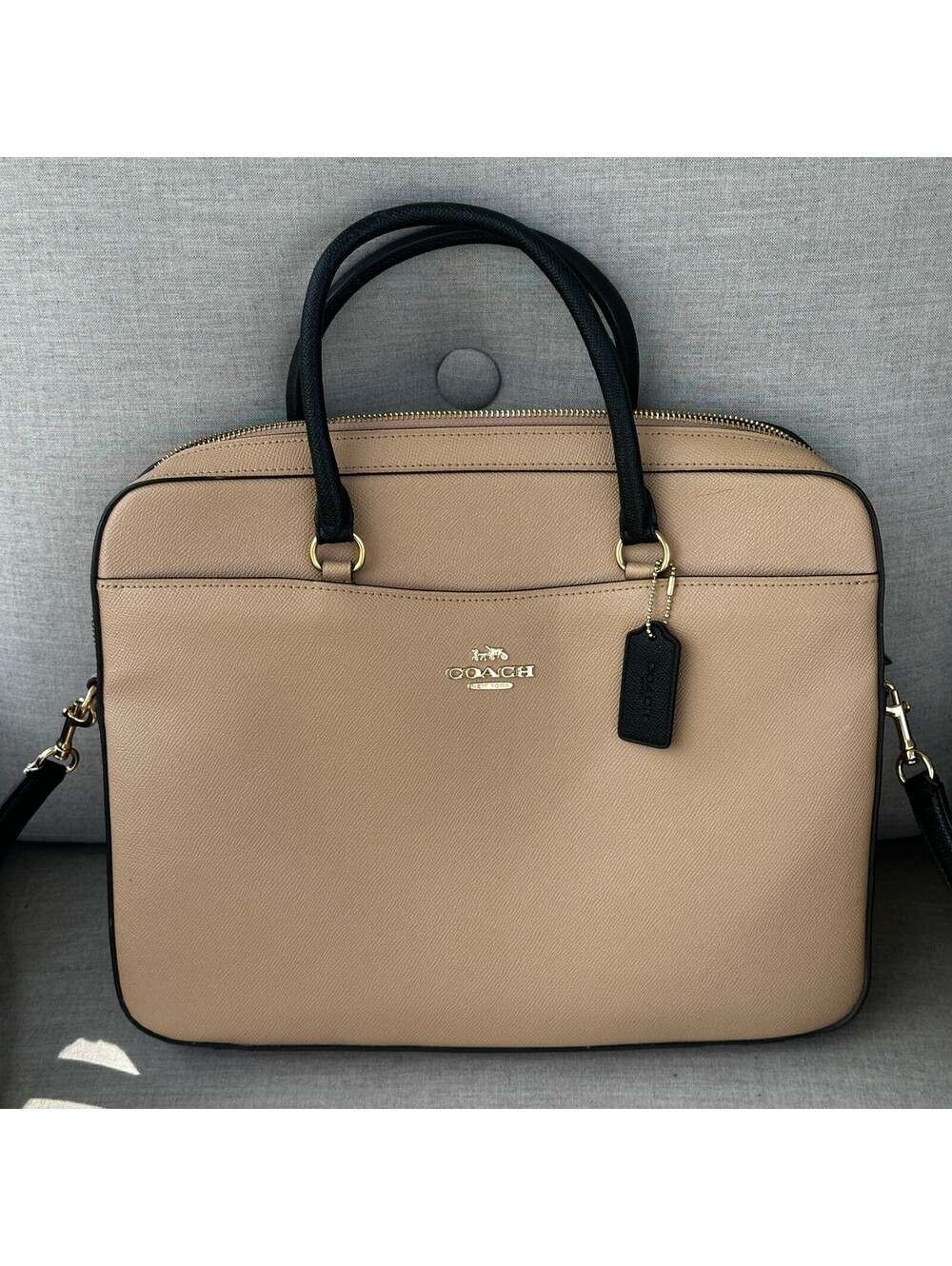 Coach Laptop Bag Beechwood/ Tan with Black Trim and Gold hardware adj strap